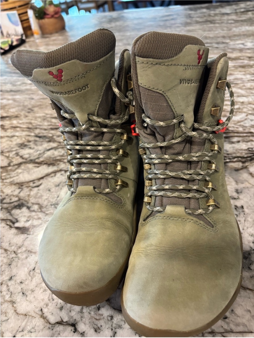 Vivo Barefoot Olive Green Hiking Boots with Red Accents